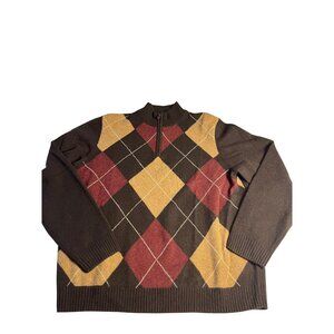 Brooks Brothers 346 Lambswool Argyle Quarter-Zip Sweater Brown Red Tan Mens L